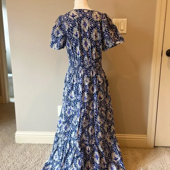 Anthropologie Blue and White Maxi Sundress with Flutter Sleeves - Picture 2 of 3